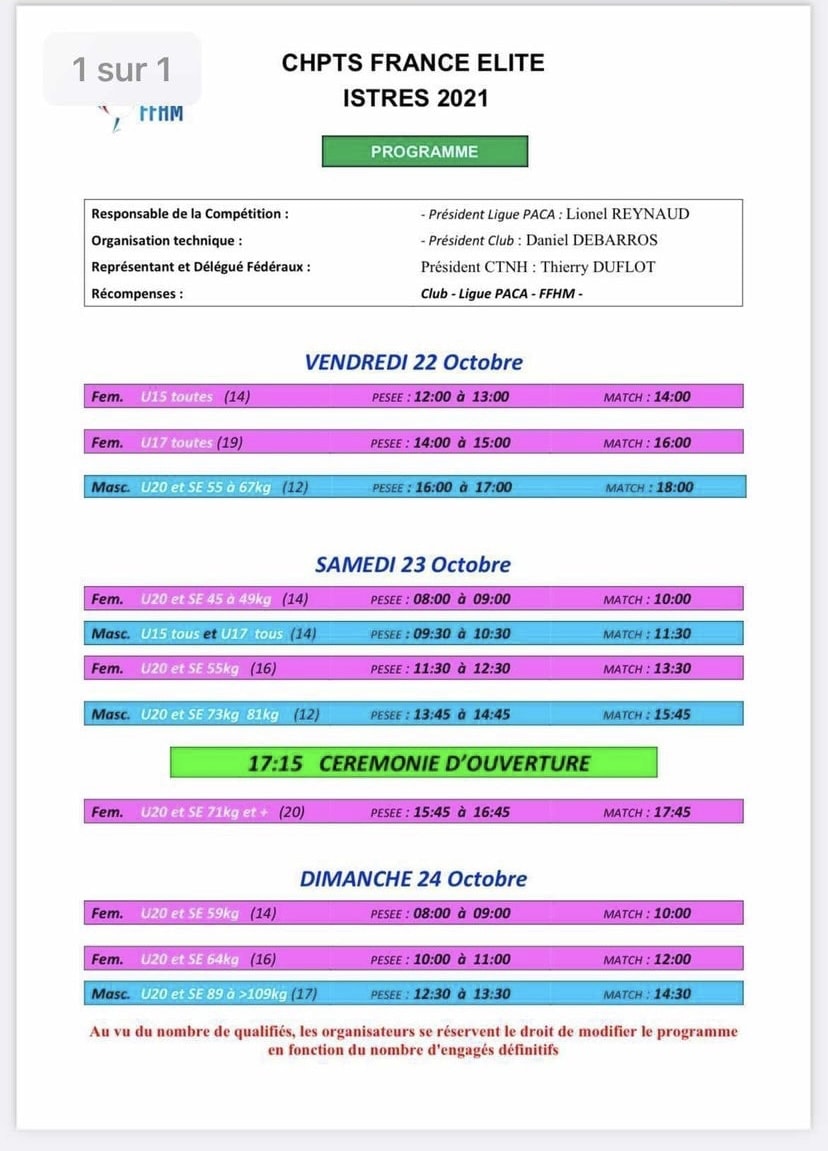 Planning des championnats de France d'haltérophilie 2021.